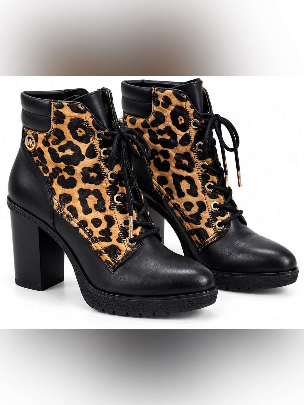 Michael Kors Leopard Print Lace-Up Ankle Boots in Black and Tan 7M